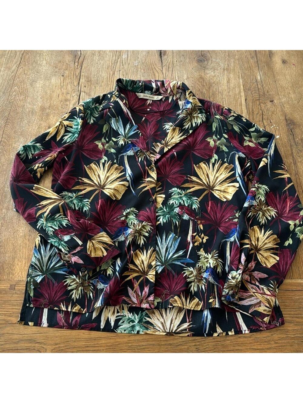 Zara Button Down Tropical Floral Print Blouse XS